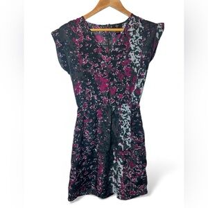 Aqua Splatter Print Elastic Waist Mini Dress Semi-Sheer Short Sleeve‎ V Neck XS